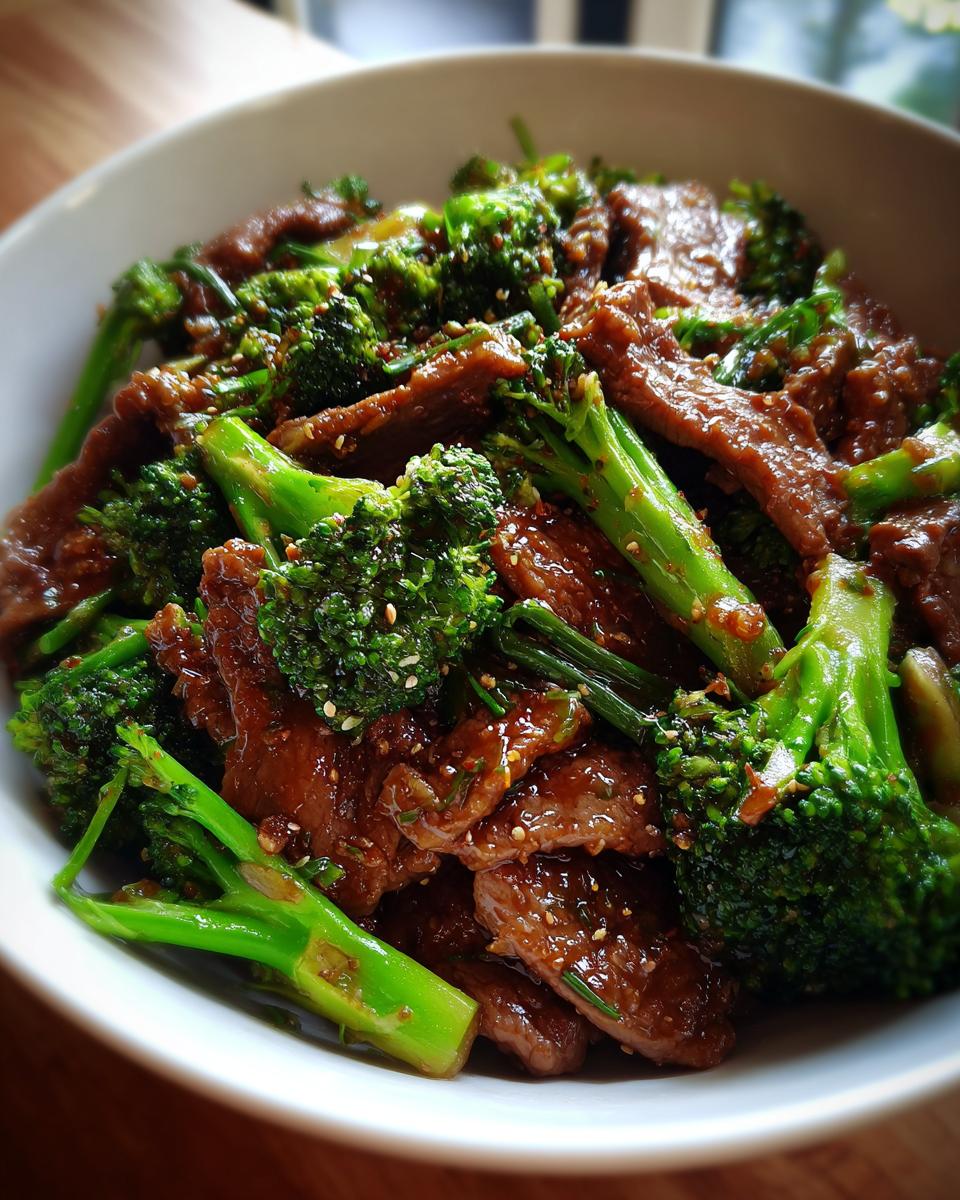 A close-up shot of a bowl filled with tender slices of beef and vibrant broccoli florets in a glossy sauce, a perfect Beef and Broccoli dish.