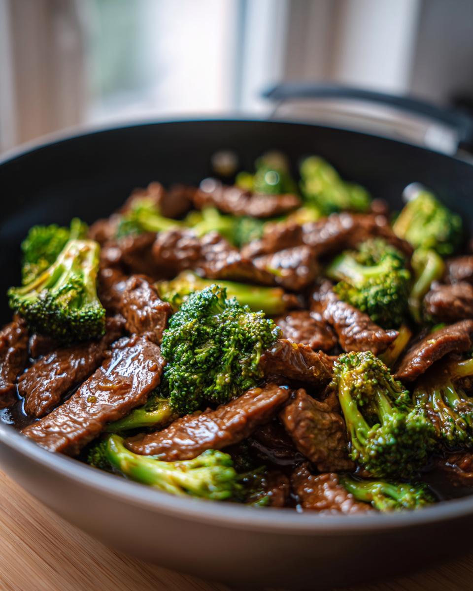 Close-up of tender beef and vibrant broccoli florets in a savory sauce, cooked in a pan.