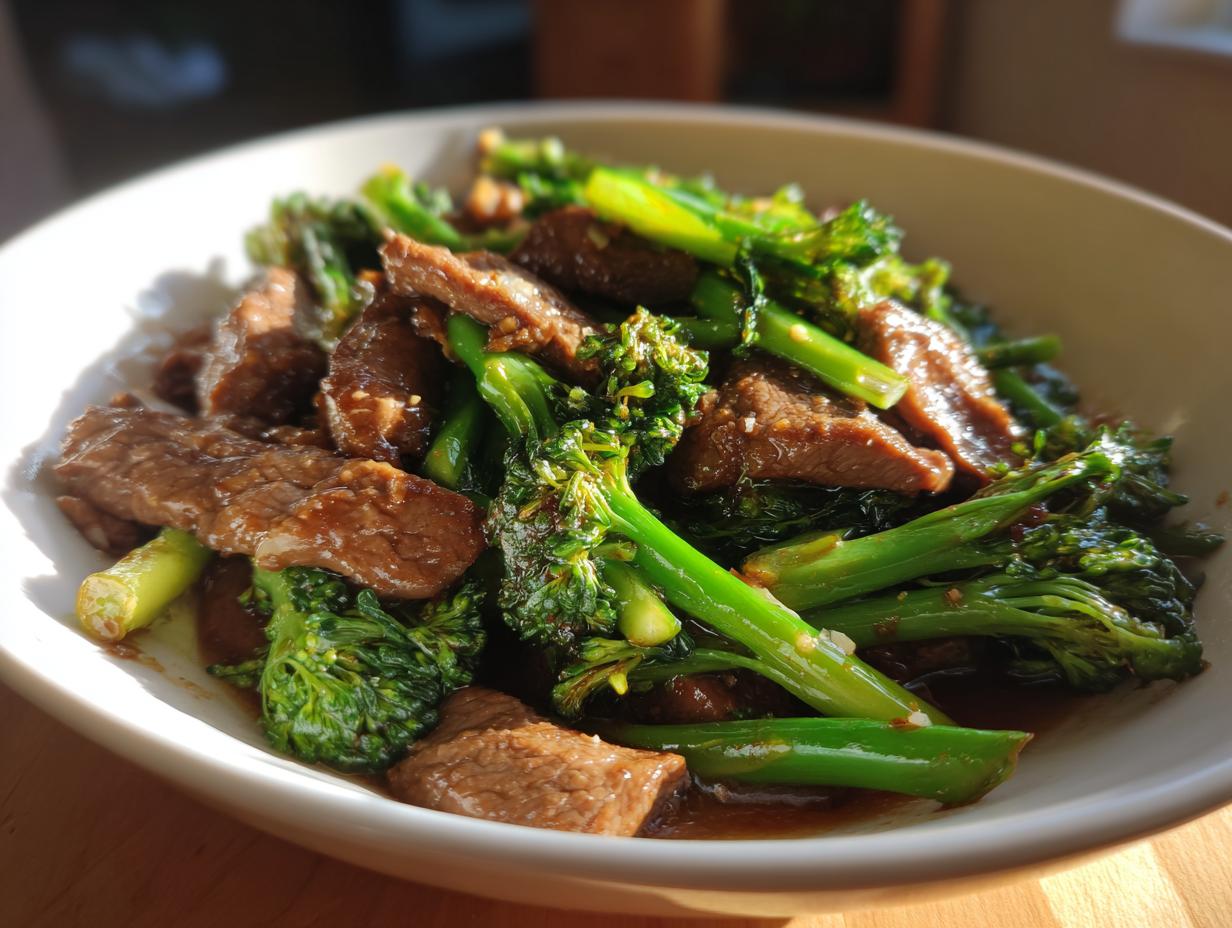 A close-up of a white bowl filled with tender slices of beef and vibrant green broccoli, coated in a savory sauce.