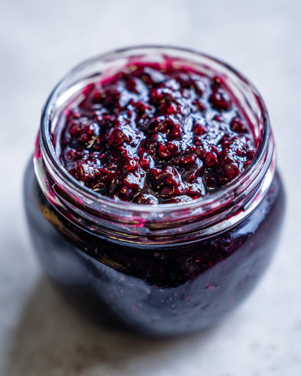 Close-up of a glass jar filled with homemade blueberry jam, showing the rich color and texture of the fruit.