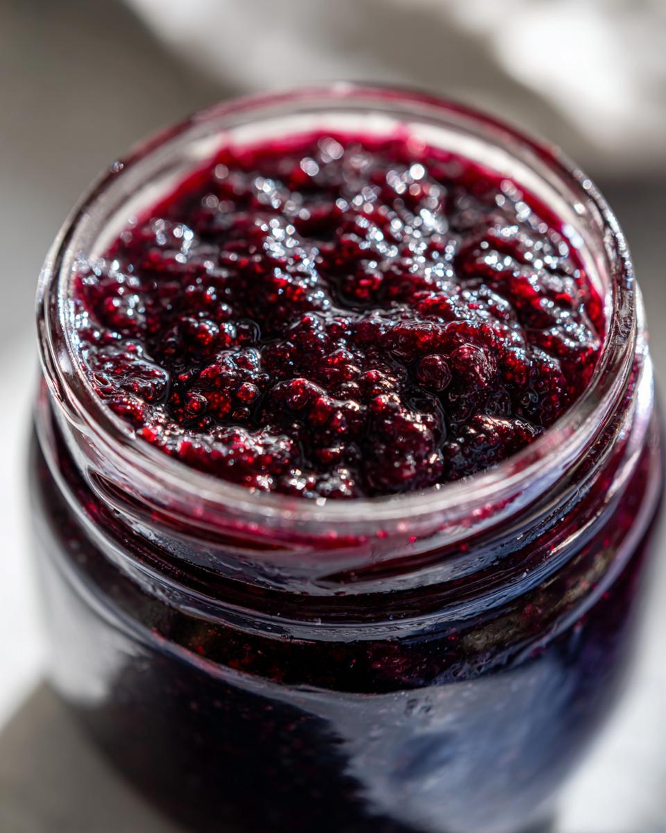 Close-up of a glass jar filled with glistening, homemade blueberry jam.