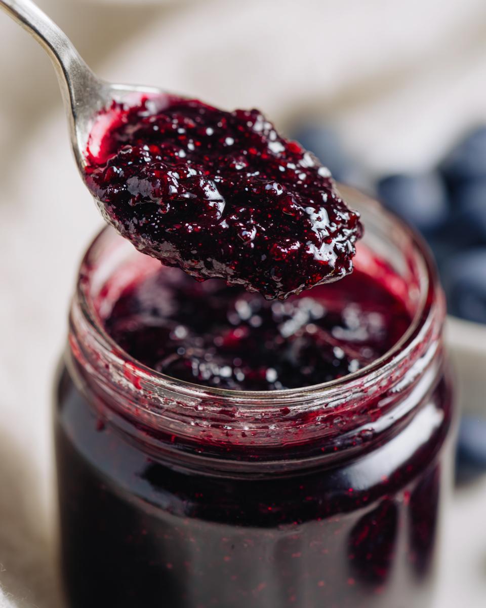 A spoonful of glistening homemade blueberry jam being lifted from a jar, with fresh blueberries in the background.