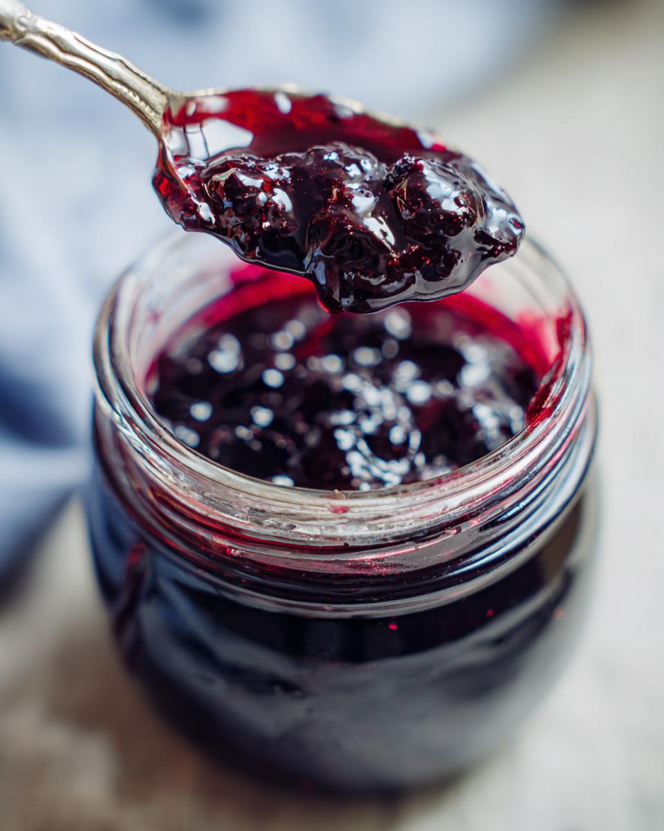 A spoonful of glistening homemade blueberry jam being lifted from a jar.