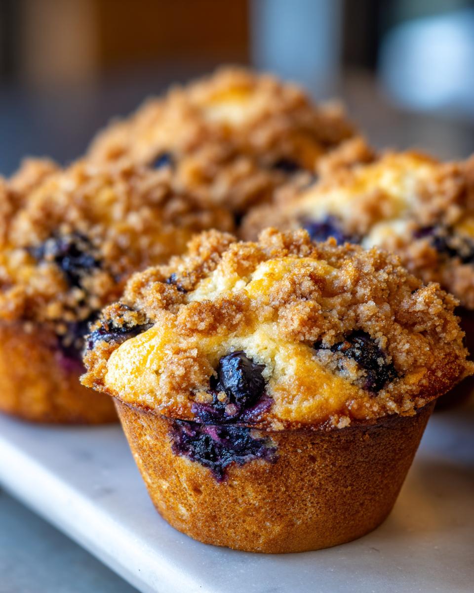 Close-up of freshly baked blueberry muffins with a golden crumb topping and visible blueberries.