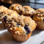 Close-up of freshly baked blueberry muffins topped with a generous amount of streusel.