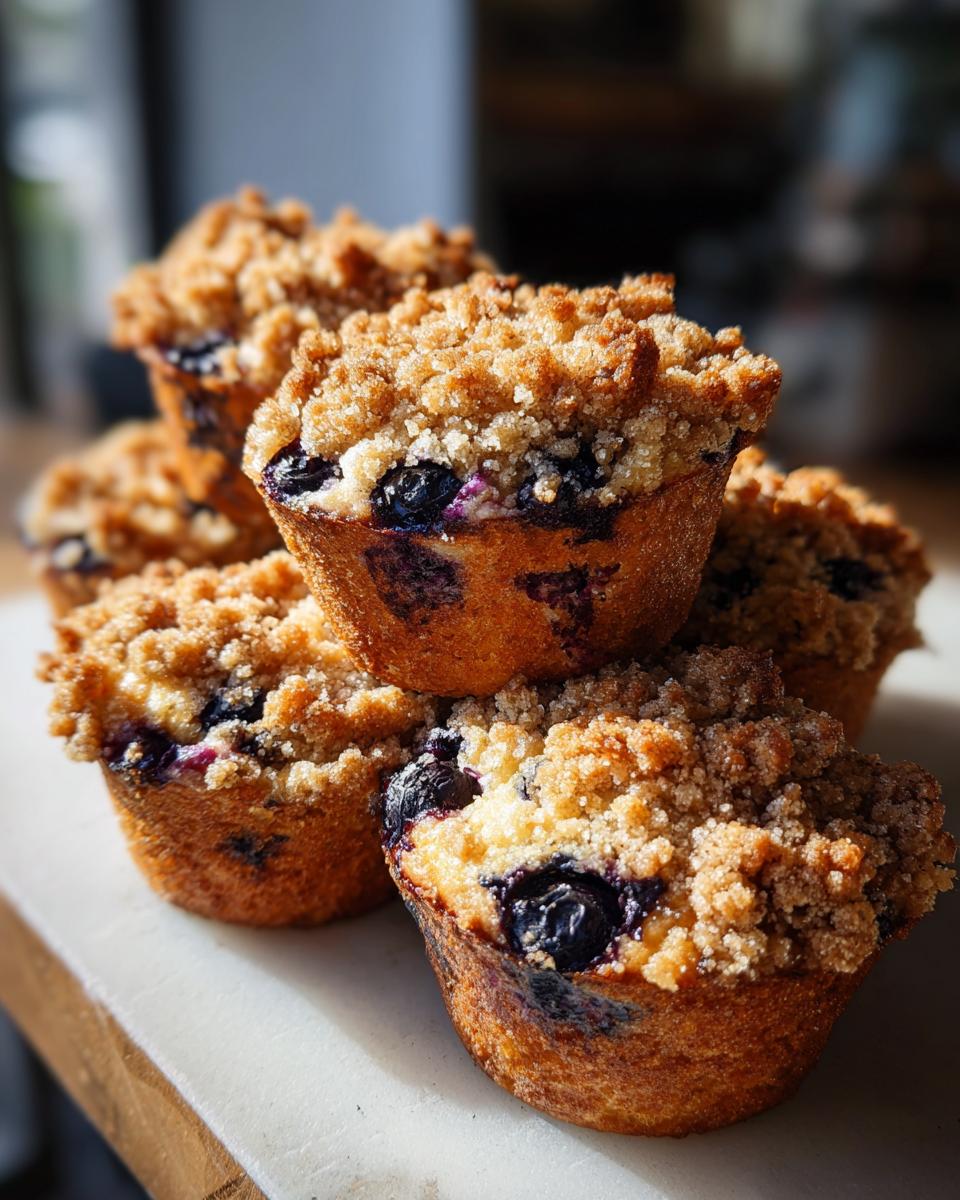 A stack of golden-brown blueberry muffins topped with a generous layer of crunchy streusel.