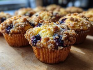 Close-up of freshly baked blueberry muffins with a golden streusel topping and visible blueberries.