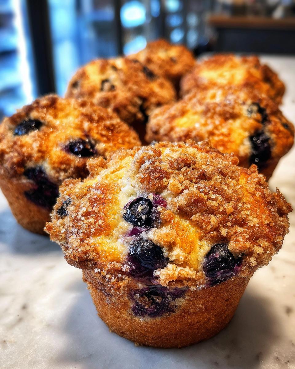Close-up of a freshly baked blueberry muffin with a golden streusel topping and visible blueberries.