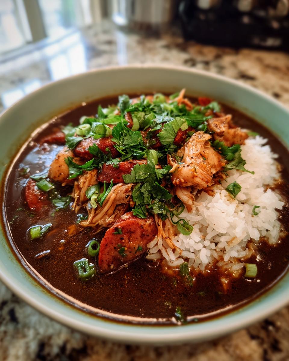 A close-up of a delicious bowl of Gumbo, featuring tender chicken, sliced sausage, and white rice, topped with fresh parsley and green onions.