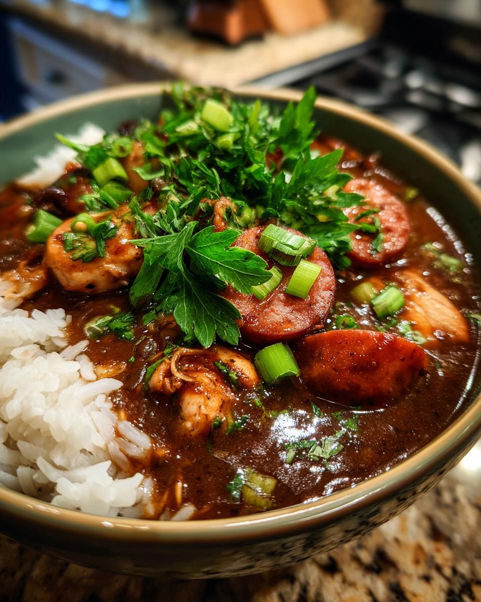 A close-up of a bowl of delicious gumbo, featuring rice, sausage, shrimp, and fresh green garnishes.