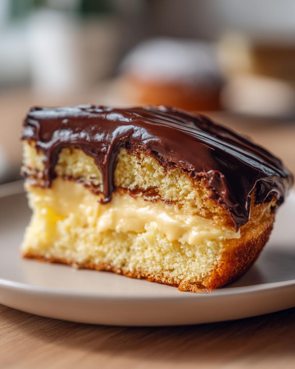 A delicious slice of Boston cream pie featuring two layers of sponge cake filled with creamy custard and topped with rich chocolate glaze.