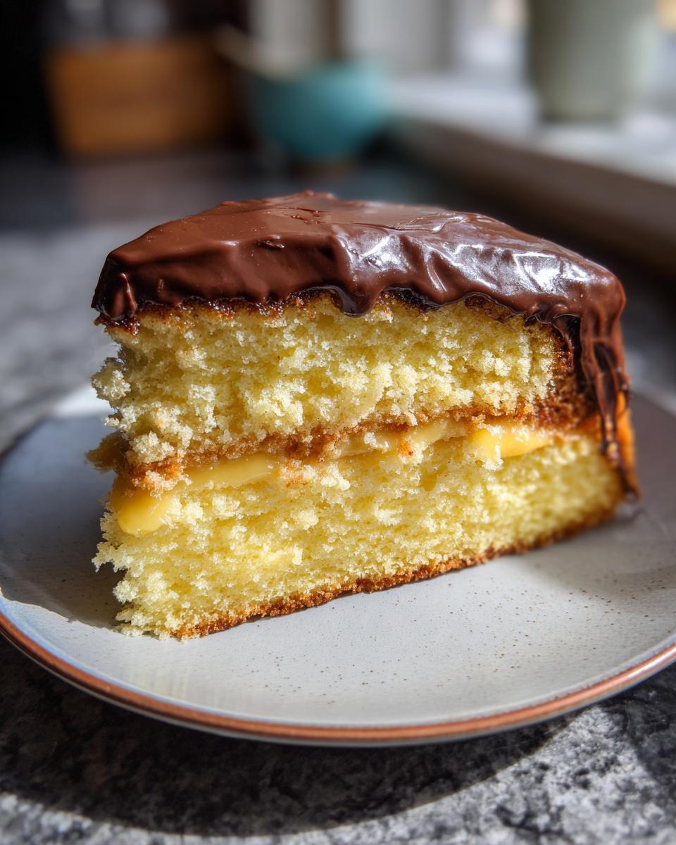 A perfect slice of Boston cream pie, showcasing two layers of yellow cake filled with creamy custard and topped with rich chocolate glaze.