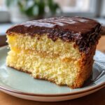 A slice of Boston cream pie with two layers of yellow cake, pastry cream filling, and chocolate ganache topping.