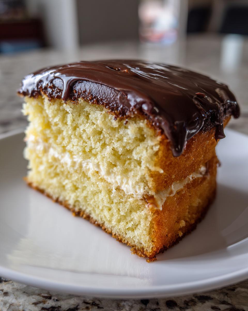 A slice of Boston cream pie with two layers of cake, cream filling, and chocolate ganache.