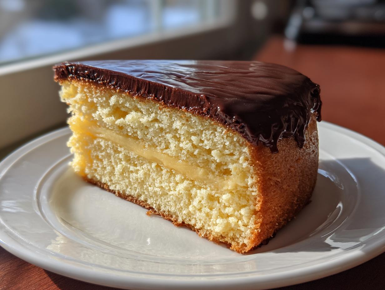 A delicious slice of Boston cream pie with two layers of cake, creamy filling, and chocolate ganache topping.
