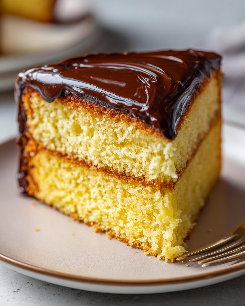 A decadent slice of Boston cream pie featuring two layers of yellow cake and rich chocolate glaze.