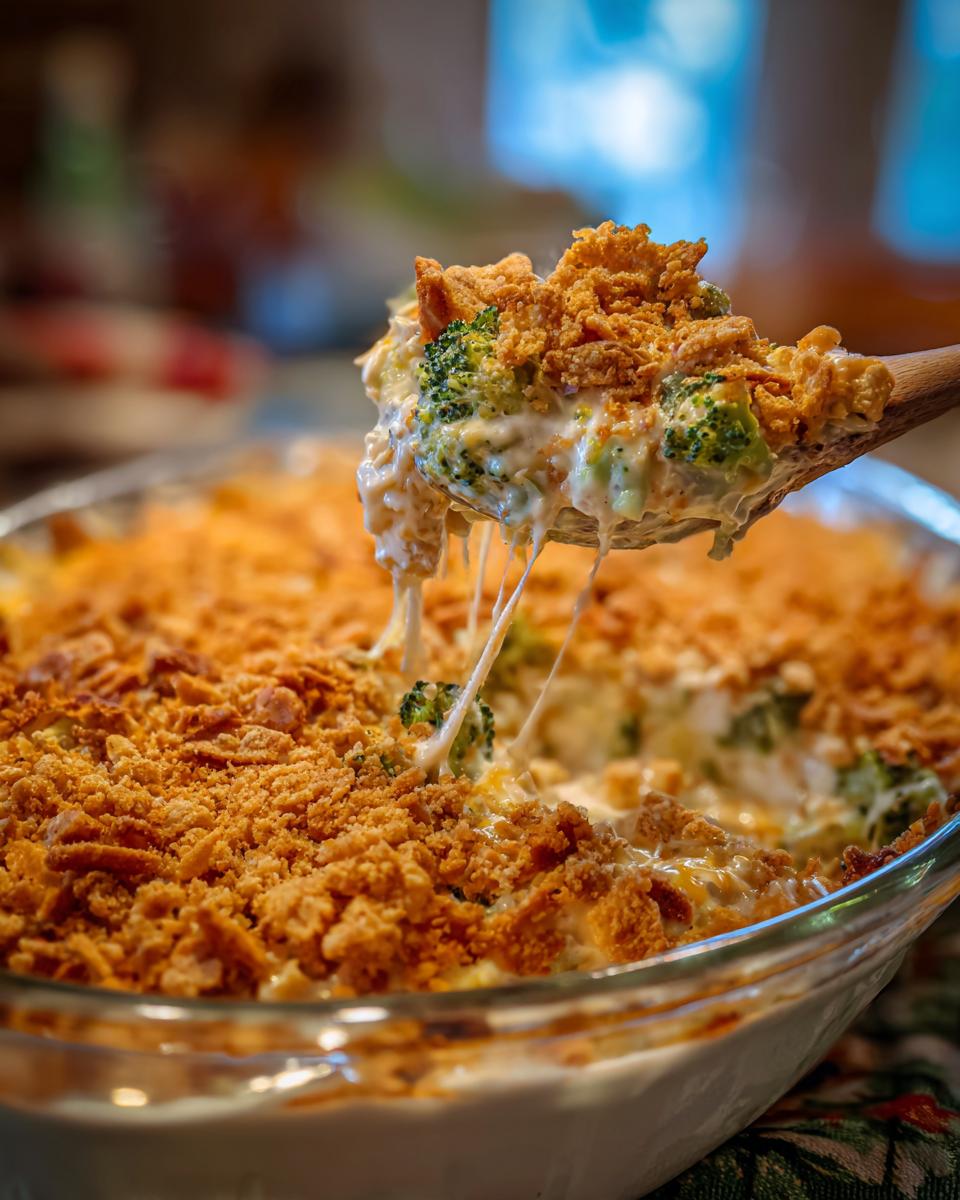 A spoonful of cheesy broccoli casserole with a crunchy topping, showing melted cheese strands.