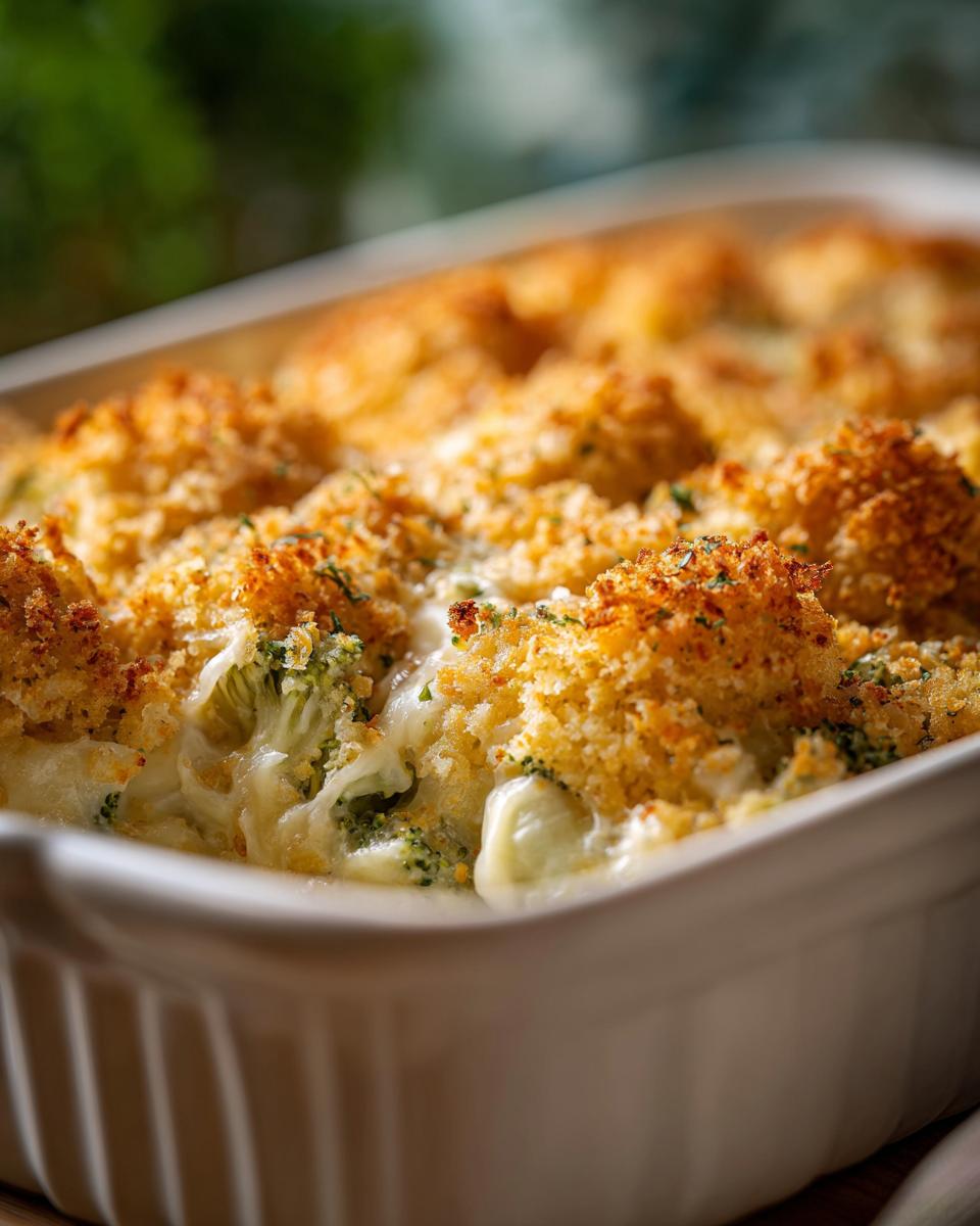 Close-up of a bubbling broccoli casserole in a white baking dish, topped with golden breadcrumbs and melted cheese.