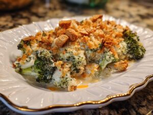 A serving of creamy broccoli casserole topped with golden toasted breadcrumbs on a white plate.