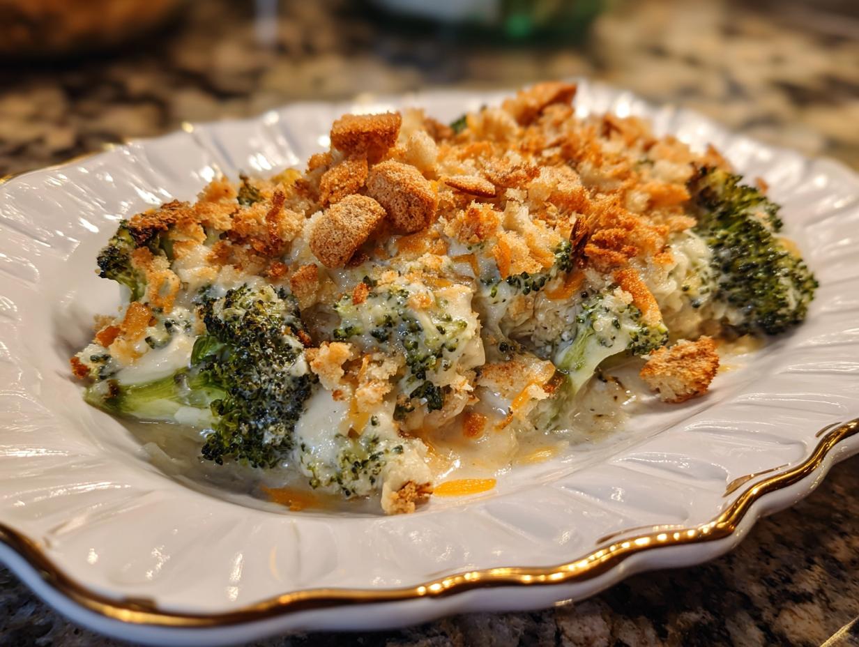A serving of creamy broccoli casserole topped with golden toasted breadcrumbs on a white plate.