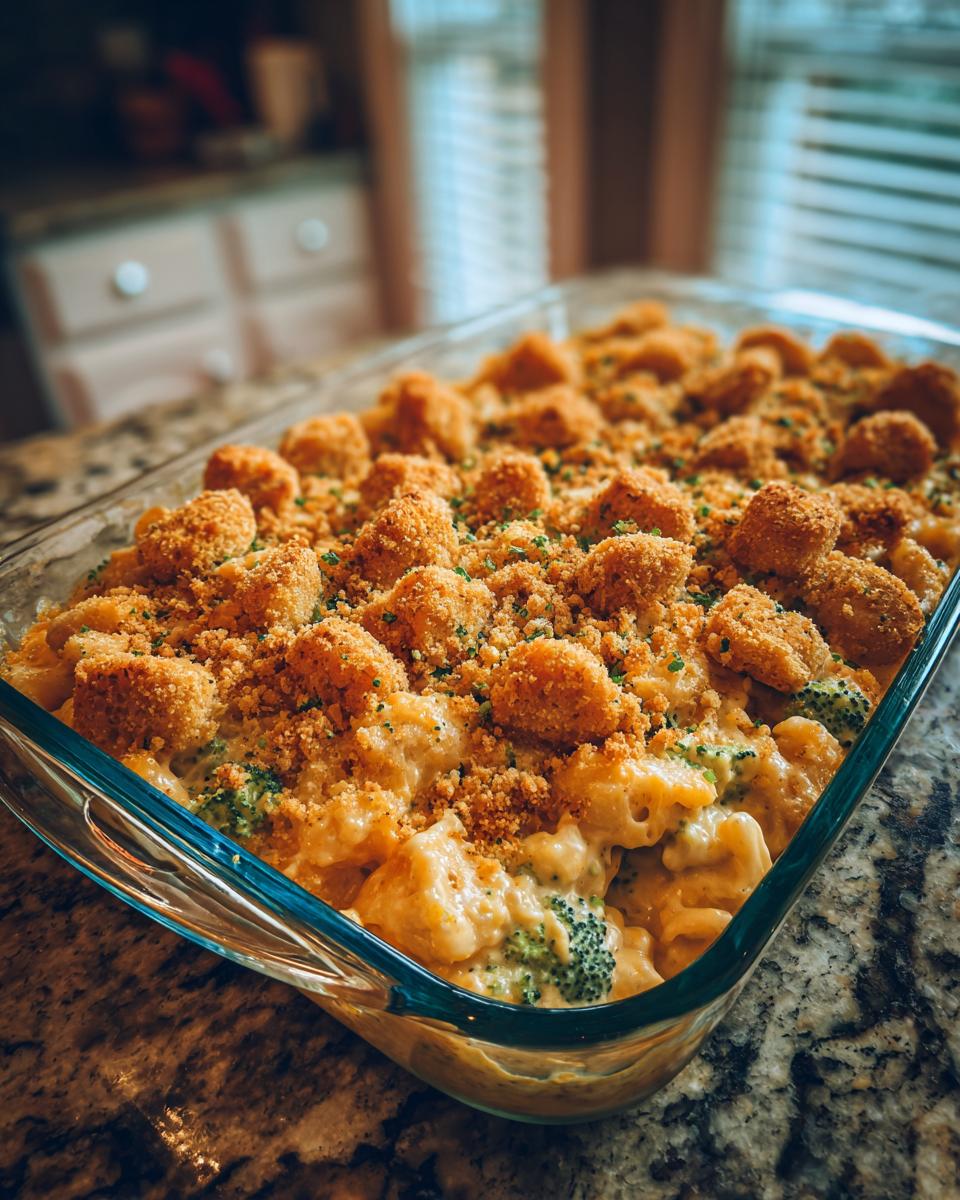 A close-up of a freshly baked broccoli casserole in a glass dish, topped with crispy breadcrumbs and broccoli florets.