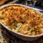 A close-up of a baked broccoli casserole in a white dish, featuring a golden-brown crispy breadcrumb topping and visible broccoli florets.