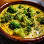A close-up of a bowl filled with creamy Broccoli Cheddar Soup, featuring vibrant green broccoli florets.