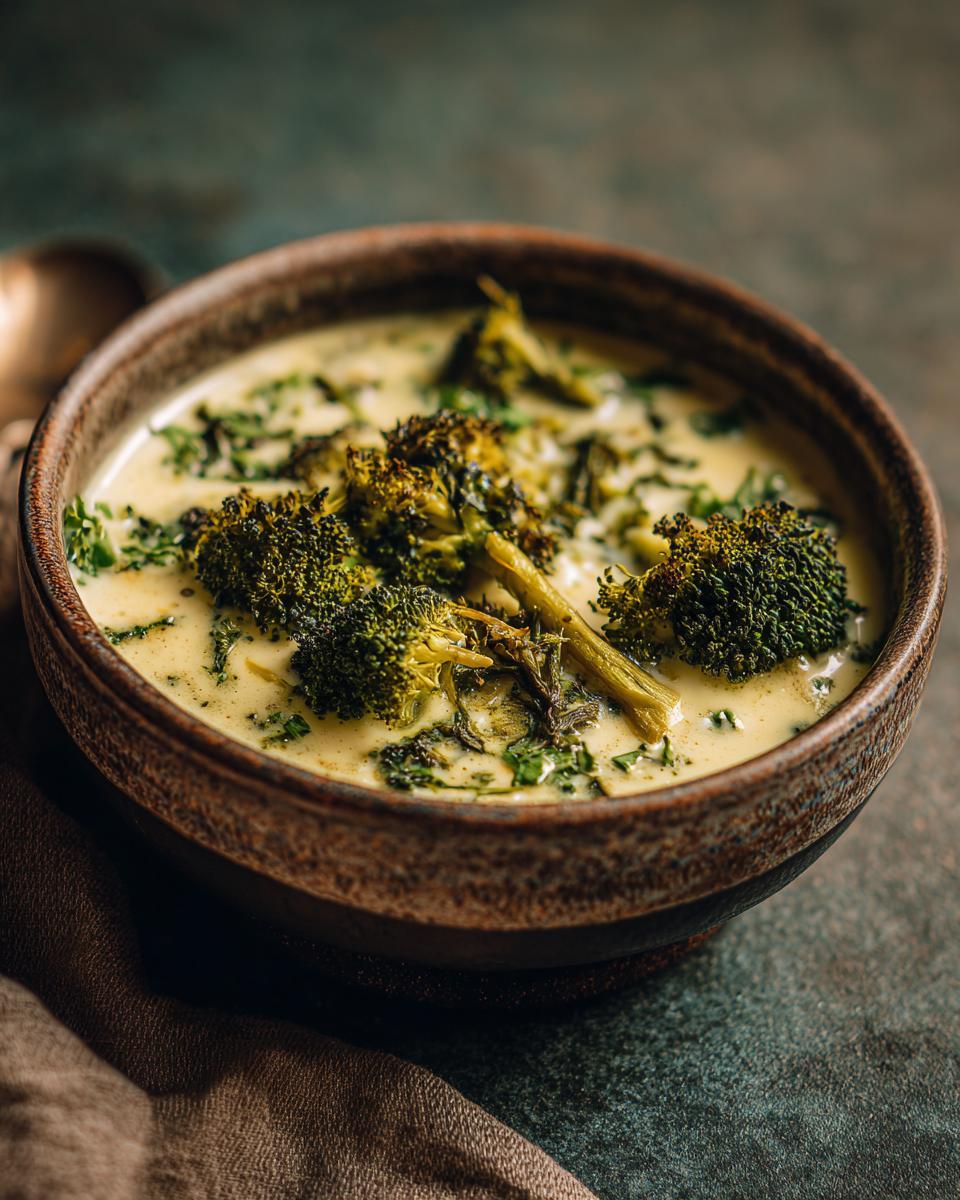 A rustic bowl filled with creamy Broccoli Cheddar Soup, topped with tender broccoli florets and fresh herbs.