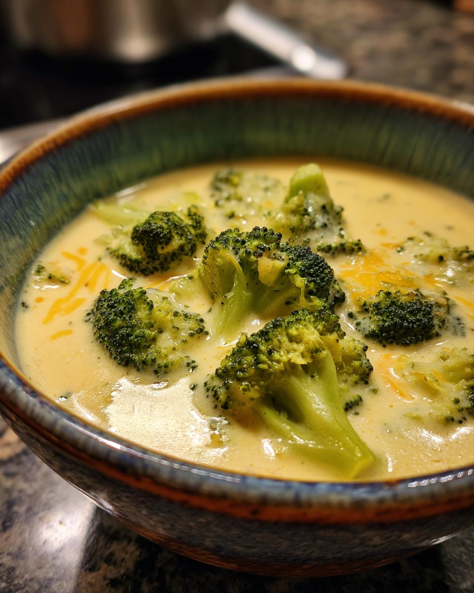 Close-up of a bowl filled with creamy Broccoli Cheddar Soup, featuring tender broccoli florets and melted cheddar cheese.