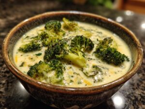 A close-up of a rustic bowl filled with creamy Broccoli Cheddar Soup, featuring tender broccoli florets and flecks of cheese.
