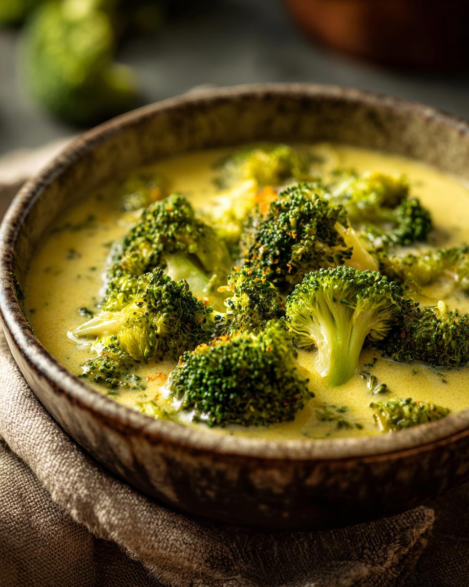 A close-up of a rustic bowl filled with creamy Broccoli Cheddar Soup, featuring tender florets and a sprinkle of paprika.