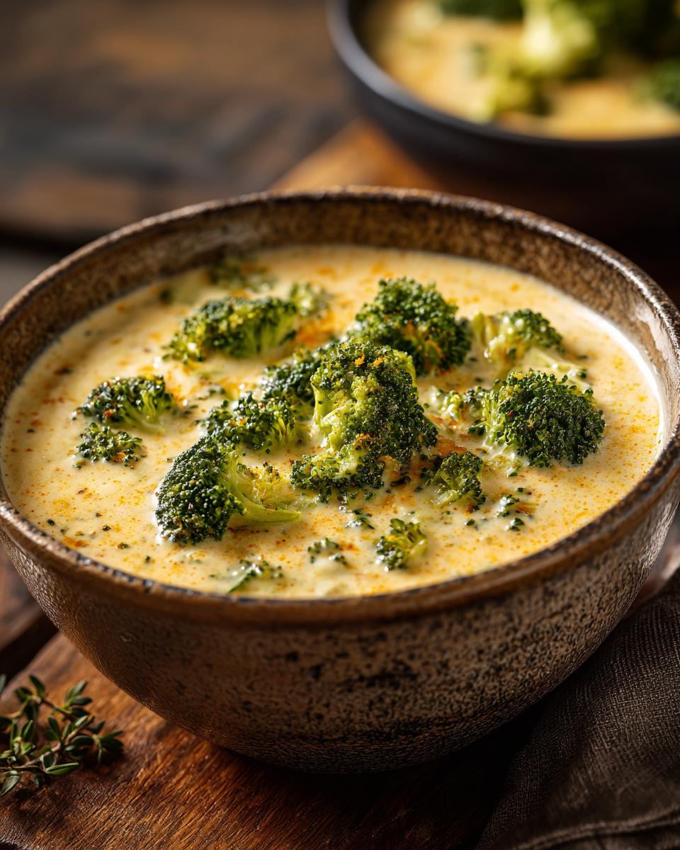 Close-up of a rustic bowl filled with creamy Broccoli Cheddar Soup, topped with fresh broccoli florets.