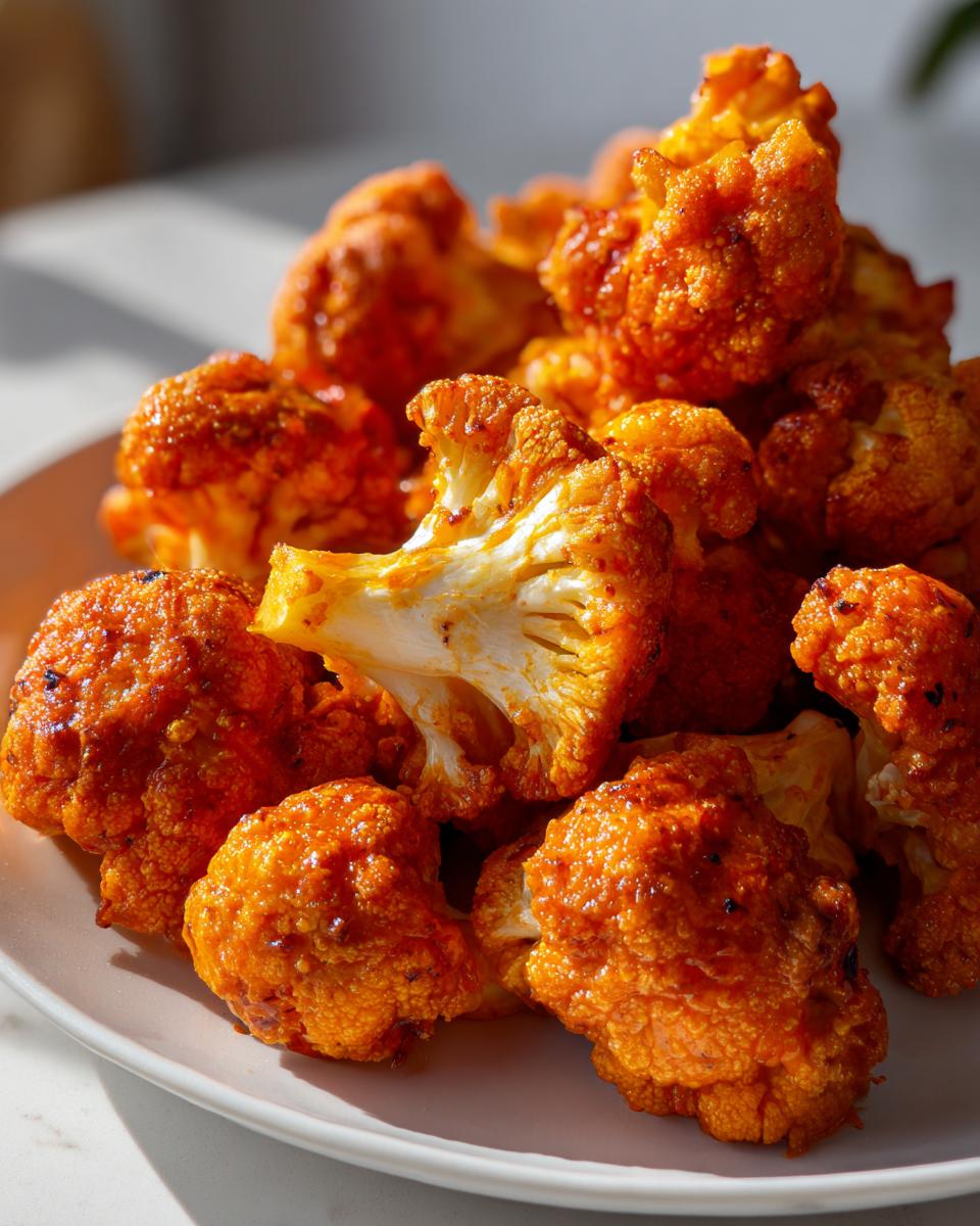 A close-up shot of a pile of crispy, saucy Buffalo cauliflower bites on a white plate.