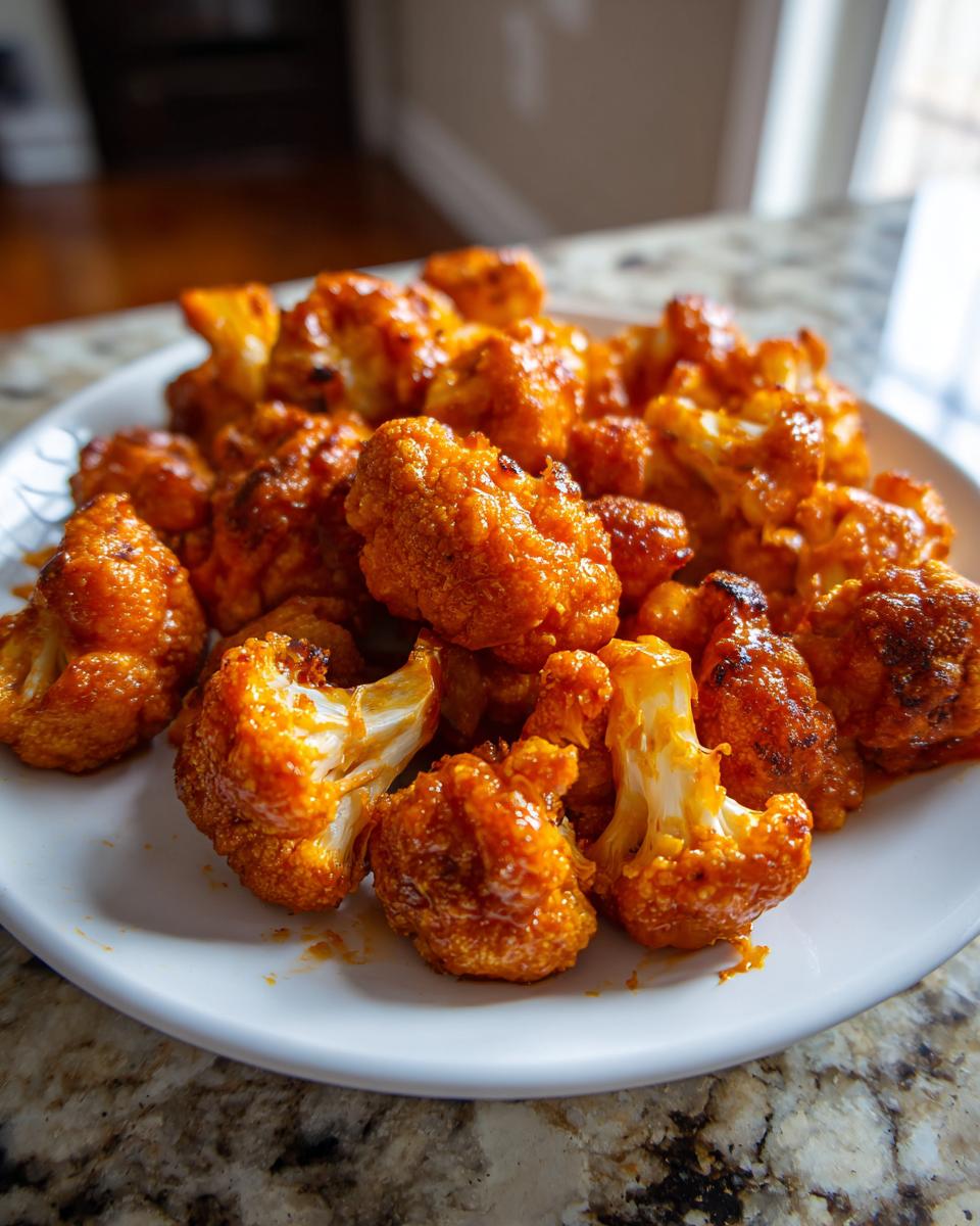 A plate filled with delicious buffalo cauliflower bites coated in a vibrant orange sauce.