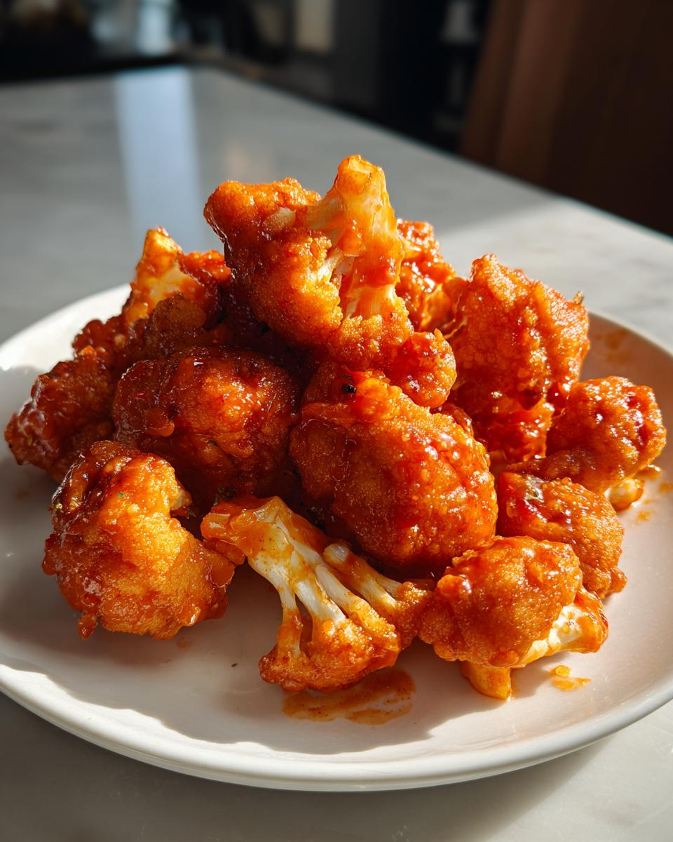 A close-up of a pile of crispy Buffalo cauliflower bites coated in a vibrant orange sauce, served on a white plate.