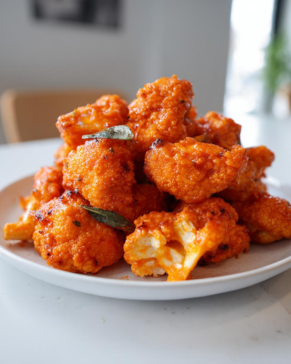 A plate piled high with crispy Buffalo cauliflower bites coated in a vibrant orange sauce, with one bite broken open to show the tender interior.