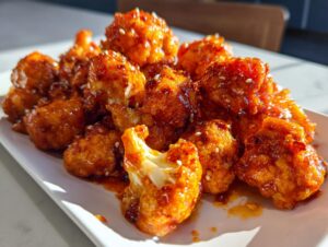A close-up of a plate piled high with glistening Buffalo cauliflower bites, sprinkled with sesame seeds.