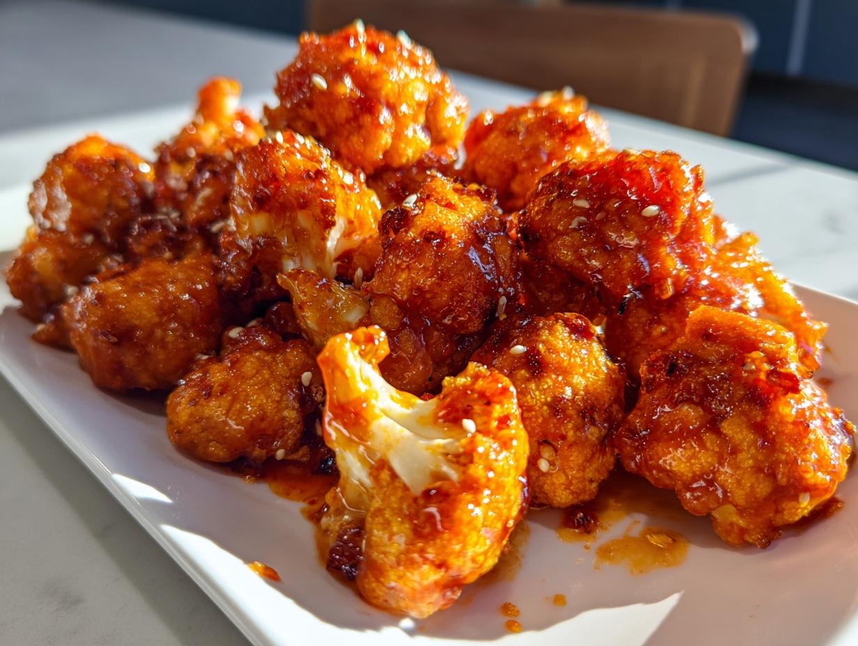 A close-up of a plate piled high with glistening Buffalo cauliflower bites, sprinkled with sesame seeds.