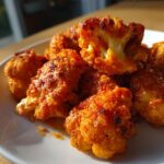 A close-up of crispy Buffalo cauliflower bites coated in a vibrant orange sauce on a white plate.
