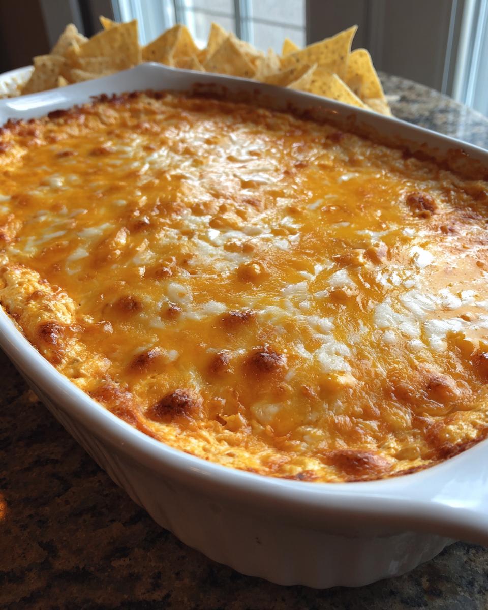 A close-up of a bubbly, cheesy Buffalo chicken dip in a white baking dish, served with tortilla chips.