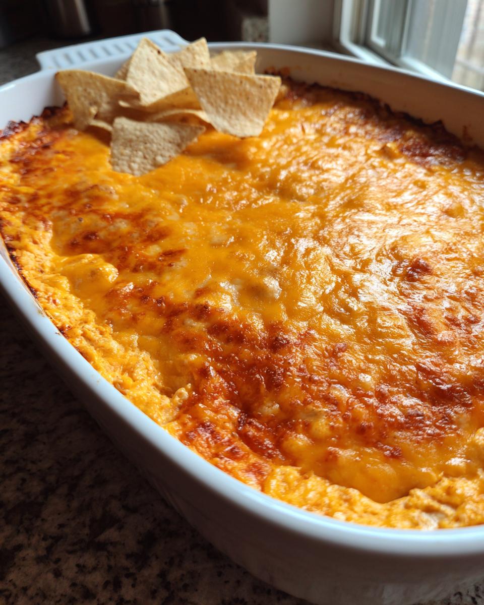 A close-up of a bubbly, cheesy Buffalo chicken dip in a white baking dish, with tortilla chips.