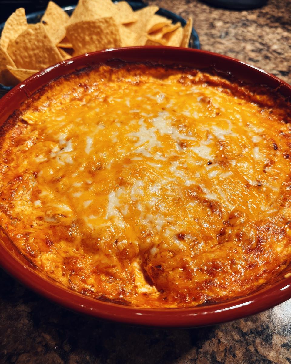 Close-up of a bubbly, cheesy Buffalo chicken dip in a red baking dish, with tortilla chips in the background.