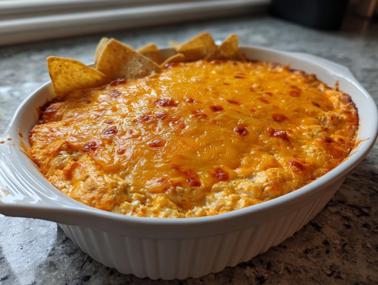 A close-up of a bubbling hot Buffalo chicken dip in a white baking dish, topped with melted cheddar cheese and tortilla chips.