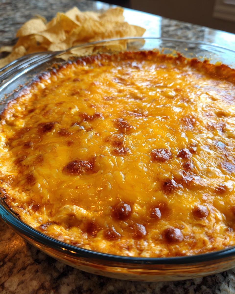 A close-up of bubbling hot Buffalo chicken dip topped with melted, golden-brown cheese in a glass dish, with tortilla chips in the background.