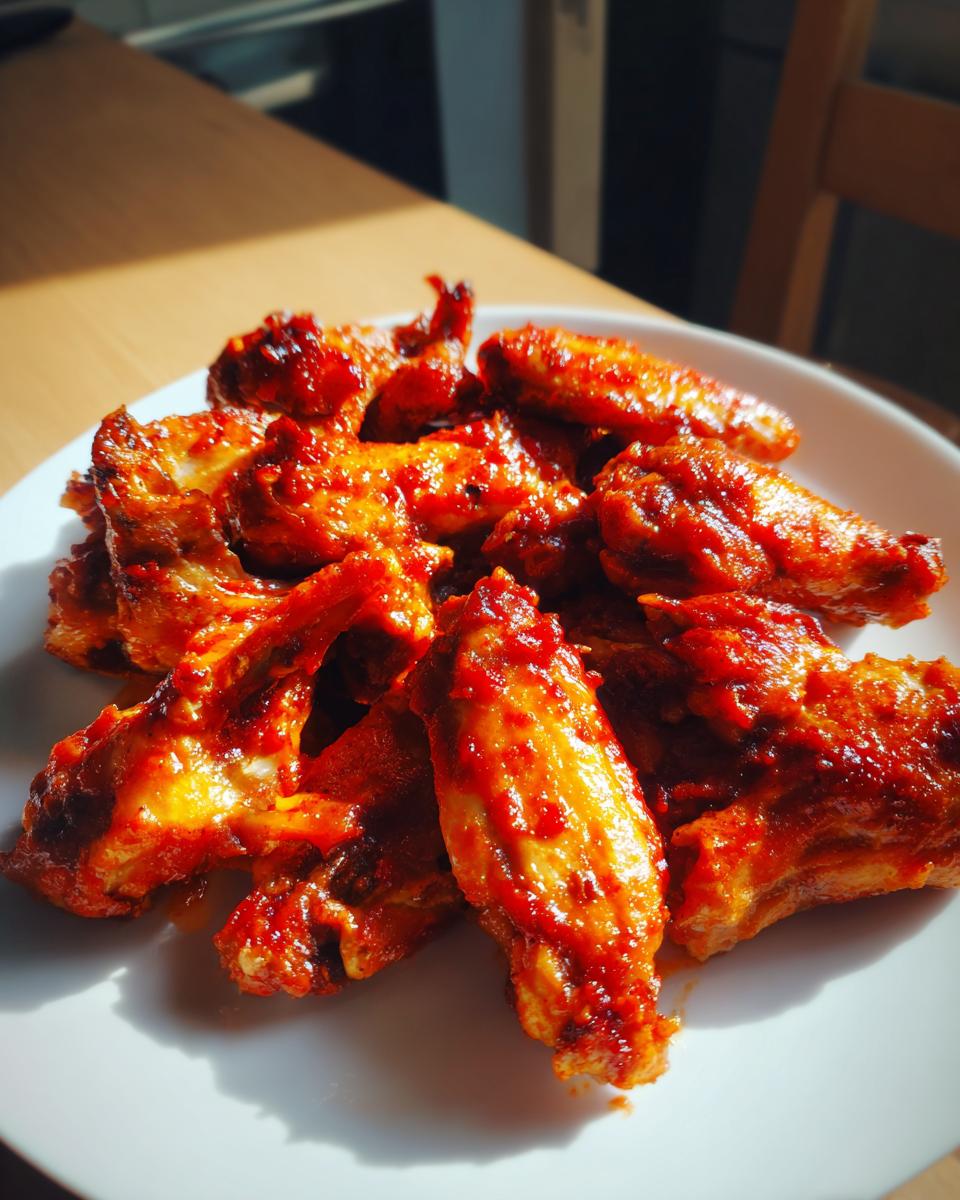 A close-up of a plate piled high with glistening, saucy buffalo wings, ready to be enjoyed.