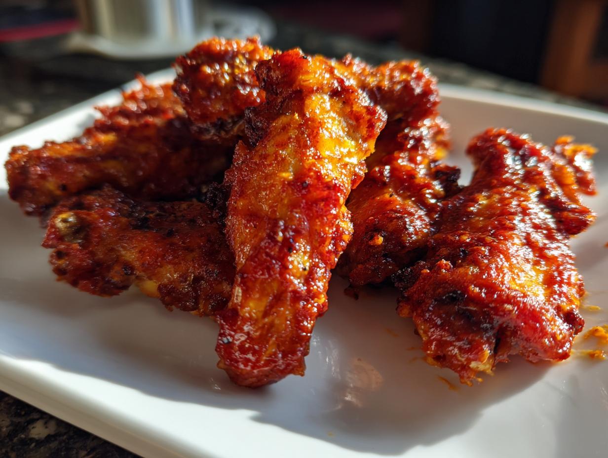 Close-up of a pile of crispy, saucy buffalo wings on a white plate, ready to be enjoyed.