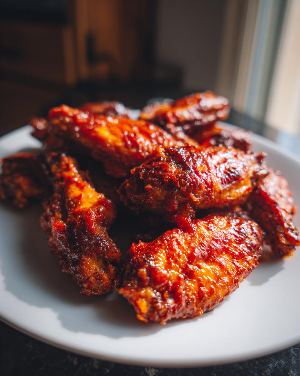 A close-up shot of a plate full of glistening, saucy buffalo wings, ready to be enjoyed.