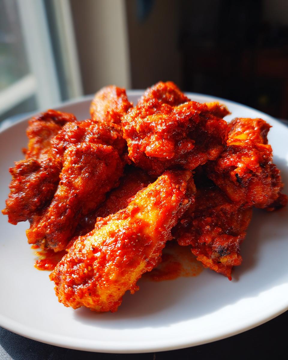 A close-up shot of a pile of perfectly cooked Buffalo wings coated in a vibrant red sauce, ready to be enjoyed.