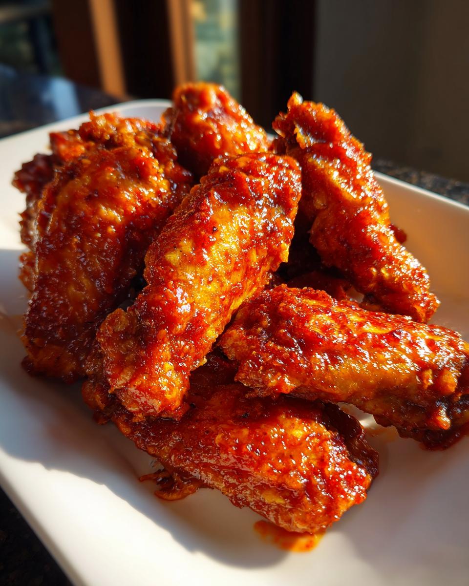 A close-up shot of a pile of glistening, spicy buffalo wings coated in a vibrant red sauce.
