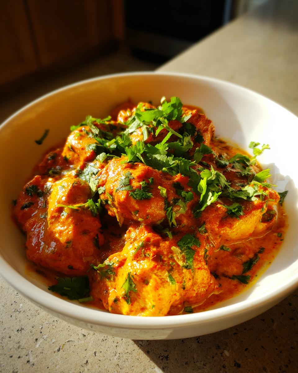 A close-up of a white bowl filled with rich, creamy Butter Chicken, garnished with fresh cilantro.